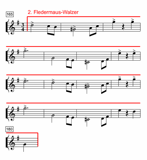 Notenbild: Die Fledermaus Ouverture, Takte 165-172