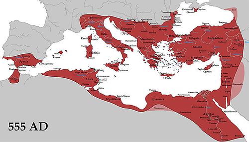 Das Bild zeigt Byzanz in seiner größten Ausdehnung um 550 n. Chr.