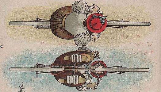 Diese Wiener Postkarte der Jahrhundertwende zeigt die neu entwickelten und durchaus umstrittenen Hosenröcke, die es auch Frauen erlaubten, bequem zu radeln., Postkarte: Zeichnung von Hans Schließmann/Archiv Michael Zappe