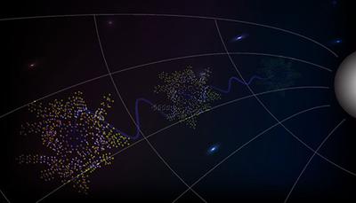 Illustration eines Moleküls im Beisein von Zeitdilatation aufgrund eines Schwerfeldes. Das Molekül ist in einer räumlichen Quantensuperposition, aber die Zeitdilatation zerstört diesen Quanteneffekt, © Igor Pikovski, Harvard-Smithsonian Center for Astrophysic