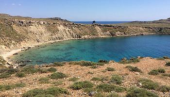 Abb. 2: Die Sedimentgesteine entlang der Bucht von Lindos auf der Insel Rhodos (Griechenland) enthalten ein fossiles Archiv des Ökosystems und der klimatischen Bedingungen im östlichen Mittelmeer vor Hunderttausenden von Jahren. Daraus isolierten die Forscher*innen Otolithen, um die damalige Fischfauna zu rekonstruieren.