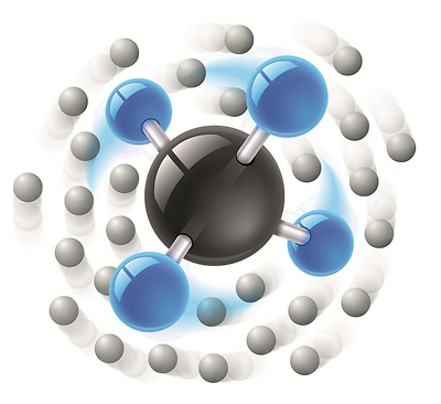 Künstlerische Darstellung eines Angulons, das aus einem rotierenden Methanmolekül und seiner mitrotierende Umgebung aus superflüssigem Helium besteht.