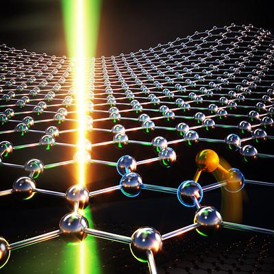 Abb. 1: Ein Kohlenstoffatom (orange hervorgehoben), das auf der Oberfläche von Graphen bei erhöhter Temperatur in Richtung einer Lücke wandert, rast gegen einen Rasterelektronenstrahl (grün-gelb leuchtend), der sich der gleichen Position nähert.