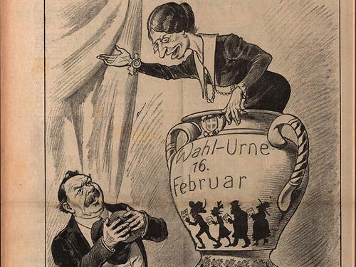 Der erste Urnengang für Frauen am 16. Feber 1919 war ein Meilenstein in der Geschichte. So sah ihm das Wiener Satiremagazin Kikeriki entgegen., Quelle: ÖNB