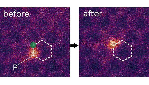 Elektronenstrahl-Manipulation eines Phosphor-Fremdstoffs in Graphen. Der grüne Punkt kennzeichnet die Stelle, auf die der Elektronenstrahl gerichtet war.