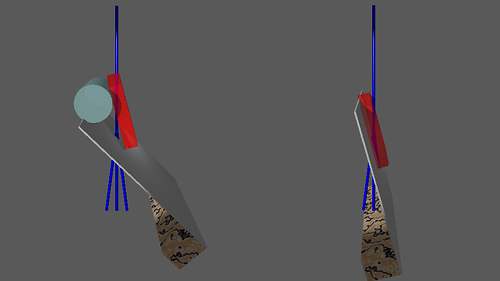 Eine Nylonfaser (hellblau) liegt auf dem Carbon-Probenträger (grau) und ermöglicht es, dass ein Kristall (rot) nicht in der üblichen flachen Aufsicht mit den Elektronenstrahlen zu durchleuchten ist – die Metallstange des Probenhalters (marmoriert) steht der Analyse nicht im Weg