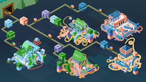 Im Laufe der Evolution wurden verschiedene Chromosomenelemente, die in der Abbildung durch die Legosteine (NA, NB, NX usw.) dargestellt sind, an die ursprünglichen Geschlechtschromosomen der verschiedenen Arten angefügt, wodurch die große Vielfalt der Geschlechtschromosomen der Fadenwürmer entstand. Diese 'Lego'-Kombinationen von Chromosomenelementen sind für jede 'Klade' von Fadenwurmarten in den entsprechenden Farben dargestellt. Im Laufe der Evolution wurden verschiedene Chromosomenelemente, die in der Abbildung durch die Legosteine (NA, NB, NX usw.) dargestellt sind, an die ursprünglichen Geschlechtschromosomen der verschiedenen Arten angefügt, wodurch die große Vielfalt der Geschlechtschromosomen der Fadenwürmer entstand. Diese 'Lego'-Kombinationen von Chromosomenelementen sind für jede 'Klade' von Fadenwurmarten in den entsprechenden Farben dargestellt.