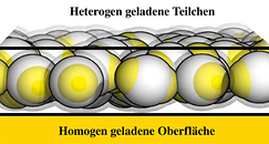 'Patches' mit zwei positiv geladenen Polregionen (gelb) und einer negativ geladenen Mittelregion (grau) werdennahe einer gleichförmig geladenen Trägersubstanz (gelb) eingeschlossen. (Grafik: Emanuela Bianchi)