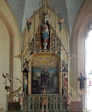 Hochaltar Detail mit Bild vom hl. Veit, daneben die heiligen Apostelfürsten Petrus und Paulus, außen die heiligen Lambertus und Benedikt, ganz oben Muttergottes mit dem Kind (Peter Neuböck)