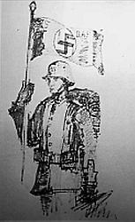 Sturmabteilungsmann mit Hakenkreuzfahne und Hakenkreuz am Stahlhelm (1920)