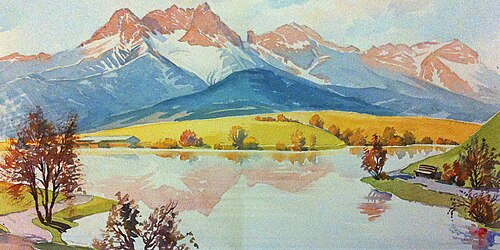 Ein Aquarellbild von Oswald Putzer aus dem Jahr 1953, das eine Skizze eines möglichen Ritzensees darstellt. Im Jahr darauf wurde dieser dann angelegt.