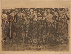 Die Gefangenen, Blatt 7 aus dem Zyklus „Bauernkrieg“, 1908, Strichätzung, Kaltnadel, Schmirgel sowie Vernis mou mit Durchdruck von Stoff und Zieglerschem Umdruckpapier, Kn 102
