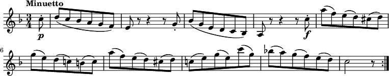 
  \relative c' {
  \version "2.18.2"
  \tempo "Minuetto"
  \key f \major
  \time 3/4
  \partial 8 c'8-.\p d (c bes a g f) 
  e r8 r4 r8 g-.
  bes (g e d c bes) 
  a r8 r4 r8 c'8-.\f
  a' (f) e (d) cis (d)
  g (e) d (c!) b (c)
  a' (f) e (d) cis (d)
  c! (e) g (e) c' (g)
  bes! (a) g (f) e (d)
  c2 r8 \bar ":|."
}
