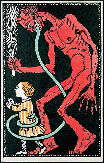 Krampus mit Kind;Postkarte Nummer 542 der Wiener Werkstätte, anonymer Künstler, um 1911, versteigert 2003 für 11.000 Euro