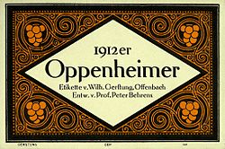 Weinetikett von Wilhelm Gerstung für einen 1912er Oppenheimer nach einem Entwurf von Peter Behrens