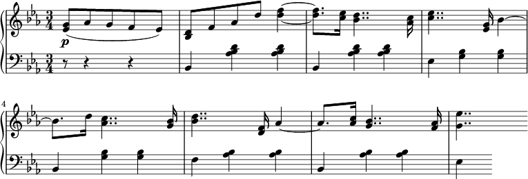 
 \relative c' {
  \new PianoStaff <<
   \new Staff { \key c \minor \time 3/4 \set Timing.measurePosition = #(ly:make-moment -5/8)
     \set Score.tempoHideNote = ##t
     \tempo "" 2. = 56
      <ees g>8( aes g f ees) | <bes d> f' aes d <d f>4~ <d f>8.[ <c ees>16] <bes d>4.. <aes c>16 <c ees>4.. <ees, g>16 bes'4~ bes8.[ d16] <aes c>4.. <g bes>16 <bes d>4.. <d, f>16 aes'4~ \stemUp aes8.[ <aes c>16]  \stemNeutral <g bes>4.. <f aes>16 <g ees'>4..
   }
   \new Dynamics {
    s\p
      }
   \new Staff { \key c \minor \time 3/4 \clef bass \set Timing.measurePosition = #(ly:make-moment -5/8)
      r8 r4 r bes,, <aes' bes d> <aes bes d> bes, <aes' bes d> <aes bes d> ees <g bes> <g bes> bes, <g' bes> <g bes> f <aes bes> <aes bes> bes, <aes' bes> <aes bes> ees
   }
  >>
 }
