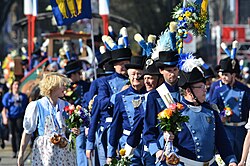 Zünfter der Zunft zu den Drei Königen mit Wappenbildern auf der Brust, begleitet von einem Blumenmädchen