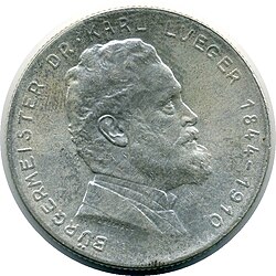Münze mit Kopf Luegers in der Profilansicht und Text: „Bürgermeister Dr. Karl Lueger 1844 - 1910“