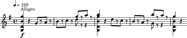 
\relative c''' {
  \version "2.18.2"
  \key g \major
  \tempo 4 = 120
  <g b, d, g,>4\f^\markup { \italic  Allegro } r g,8[ r a] r |
  b8[ r c] r 
     << { g'8[ r a] r | b4 } \\ { d,8 r r4 | <g b, d, g,>4 } >>
  r4 d8[ r c] r |
  b8[ r a] r 
     << { b'8[ r a] r | g4 } \\ { g,8 r r4 | <g' b, d, g,>4 } >>
  r4
}
