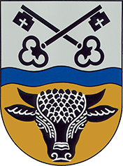 GemeindeSt. Peter am HartVon Silber und Gold durch eine blaue Wellenleiste geteilt; oben zwei schwarze, schräggekreuzte Schlüssel mit abgewendeten Bärten, unten ein schwarzer Stierkopf im Visier.