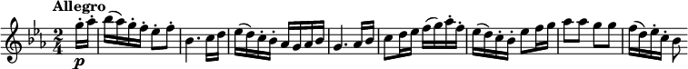 
\version "2.14.2"
 \relative c'' {
         \clef "treble" 
         \tempo "Allegro"
         \key ees \major
         \time 2/4 
         \tempo 4 = 120
     \partial 4 \partial 8   g'16-.\p aes-.
     bes (aes) g-. f-. ees8-. f-.
     bes,4. c16 d
     ees (d) c-. bes-. aes g aes bes
     g4. aes16 bes
     c8 d16 ees f (g) aes-. f-.
     ees (d) c-. bes-. ees8 f16 g
     aes8 aes g g
     f16 (d) ees-. c-. bes8
 }
