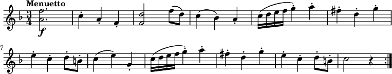 
\relative c' { 
   \version "2.18.2"
   \clef "treble" 
   \tempo "Menuetto" 
   \key f  \major
   \time 3/4
  <a' f'>2. \f 
  c4-. a-. f-.
  <f d'>2 f'8 (d)
  c4 (bes) a-.
  c16 (d e f g4-.) a-.
  fis-. d-. g-.
  e-. c-. d8-. b-.
  c4 (e) g,-.
  c16 (d e f g4-.) a-.
  fis-. d-. g-.
  e-. c-. d8-. b-.
  c2 r4 \bar ":|."
} 
