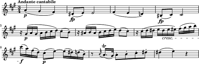 
\relative c'' {
  \version "2.18.2"
  \key a \major
  \time 3/4
  \tempo "Andante cantabile"
  \tempo 4 = 70
  a4\p  (gis fis)
  dis8\fp (e) e2
  fis4 (e d!)
  bis8\fp (cis) cis2
  r16 gis'\p (a gis a b cis d) cis8 (b)
  r16 ais (b ais b cis d e) d8 (cis)
  r16 cis (d dis e dis\cresc e eis) fis (gis a b)
  cis\f (a) fis (d) cis8\p (e) ~ e16 (dis) d (b)
  r8 \grace b32 (a16.)\trill (gis32) a8-. b-. cis-. dis-.
  dis4 (e) r

}
