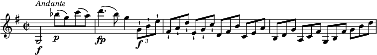 
\relative c'' {
  \version "2.18.2"
  \key g \major
   \time 2/2
  g,2 \f^\markup { \italic { Andante} } bes''8\p (g) c (a)
  d4. \fp (b8) g4 \tuplet 3/2 { g,8-!\f b-! e-! } \scaleDurations 2/3 { fis,8-! [a-! d-!] } \scaleDurations 2/3 {e,-! [g-! c-!]} \scaleDurations 2/3 {d, [fis b]} \scaleDurations 2/3 {c, [e a]}
  \scaleDurations 2/3 {b, [d g]} \scaleDurations 2/3 {a, [c fis]} \scaleDurations 2/3 {g, [b fis']} \scaleDurations 2/3 {g [b d]}
}
