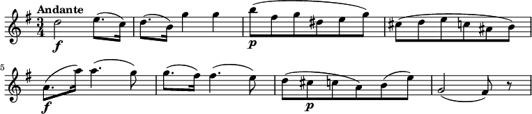 
\relative c' {
\version "2.18.2"
\key g \major
\time 3/4
\tempo "Andante"
\tempo 4 = 60
d'2\f e8. (c16)
d8. (b16) g'4 g
b8\p (fis g dis e g)
cis,8 (d e c ais b)
a8.\f (a'16) a4. (g8)
g8. (fis16) fis4. (e8)
d (cis\p c a) b (e)
g,2 (fis8) r8
}
