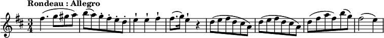 
\relative c' {
\version "2.18.2"
\key d \major
\time 3/4
\tempo "Rondeau : Allegro"
\tempo 4 = 150
fis'4. (g8 gis a)  b (a) g-. fis-. e-. d-.
e4-! e4-! fis4-! fis8. (g16) e4-! r4
d8 (e fis d cis a) d8 (e fis  d cis a)
d8 (fis a fis) b (g) fis2 (e4)
}
