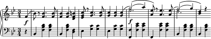 
 \relative c' {
  \new PianoStaff
<<
   \new Staff { \key g \minor \time 3/4 \partial 4 \set Score.tempoHideNote = ##t \tempo "" 2. = 64
 f4( bes8) r8
    <<
   {
     <f bes>4. <f bes>8 <f bes>4 <f bes> <d f b> <ees g c>8 r <g c>4. <g c>8 <g c>4 <g c> <g c>( g'2)(\( a4) <a, ees'>8\) r <a ees'>4. <a ees'>8( f'2)(\( g4) <bes, d>\) r
   }
    \\
   {
     s4. s8 s4 s s s8 s s4. s8 s4 s s ees2.\f s8 s s4. s8 d2.
   }
    >>
   }
   \new Dynamics {
    s\f
      }
   \new Staff { \key g \minor \time 3/4 \clef bass \partial4
      r4 bes,, <f' bes d> <f bes d> bes, <f' bes d> <d f> ees <g c> <g c> ees <g c> <g c> <f, f'> <f' c' ees> <f c' ees> f, <f' c' ees> <f c' ees> bes, <f' bes d> <f bes d> bes, <f' bes d>
   }
  >>
 }
