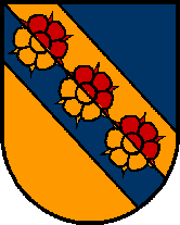 GemeindeJegingEin von Gold und Blau geteilter Schrägrechtsbalken, belegt mit drei oben roten, unten goldenen, sechsblättrigen heraldische Rosen; oben Blau, unten Gold.