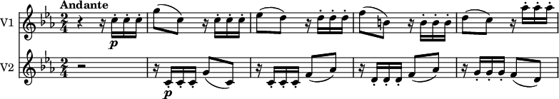 
<<
  \new Staff \with { instrumentName = #"V1 "}
  \relative c'' {
     \version "2.18.2"
     \key ees \major
     \tempo "Andante"
     \time 2/4
    \tempo 4 = 50
    r4 r16 c16-.\p c-. c-.
   g'8 (c,)  r16 c16-. c-. c-.
   ees8 (d) r16 d16-. d-. d-.
   f8 (b,) r16 b16-. b-. b-.
   d8 (c) r16 aes'16-. aes-. aes-.
  }
  \new Staff \with { instrumentName = #"V2 "}
  \relative c'' {
    \key ees \major
    \time 2/4
    r2 r16 c,16-.\p c-. c-. g'8 (c,)
   r16 c16-. c-. c-. f8 (aes)
   r16 d,16-. d-. d-. f8 (aes)
   r16 g16-. g-. g-. f8 (d)
  }
>>
