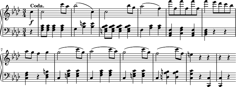 
 \relative c' {
  \new PianoStaff <<
   \new Staff { \key f \minor \time 3/4 \partial 4 \set Score.tempoHideNote = ##t \tempo "" 2. = 64

        c'^\markup {\bold Coda.} c2 c'8[ aes] bes2( c,4) c2 bes'8[ g] aes2( f4) f'8[ f, f' f, f' f,] f'4 ees8[ des c bes] aes g f4 g g2( c8[ g)] aes2( c8[ aes)] g2( c8[ g)] f2( c'8[ f,)] e4 r r r r
      }
   \new Dynamics {
    s\f
      }
   \new Staff { \key f \minor \time 3/4 \clef bass \partial 4
      r4 <f,, aes c>8[ <f aes c>] <f aes c>4 <f aes c> g4 <bes e> <bes e> <e, g bes c>8[ <e g bes c>] <e g bes c>4 <e g bes c> f <aes c> <aes c> <aes, c f> <c f aes> <aes c f> <bes des f> r r <c f aes> r <des f b> c <e g c> <e g c> c <f aes c> <f aes c> c <e g c> <e g c> c <d as' b> <d as' b>  <c g' c> r<c c,> <c c,> r
      }
  >>
 }
