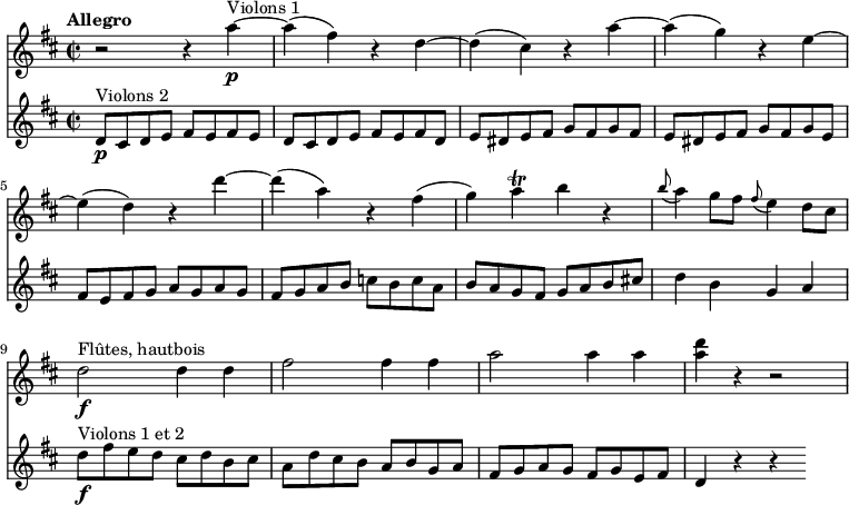 
<<
  \new Staff
     \relative c'' {
         \version "2.18.2"
         \clef "treble"
         \tempo "Allegro"
         \key d \major
         \time 2/2
         \tempo 4 = 160
              r2 r4 a'4\p ^\markup{Violons 1} ~
              a (fis) r4 d ~
              d (cis) r4 a' ~
              a (g) r4 e ~
              e (d) r4 d' ~
              d (a) r4 fis
              (g) a\trill b r4
              \grace b8 (a4) g8 fis  \grace fis8 (e4) d8 cis
              d2\f^\markup{Flûtes, hautbois} d4 d
               fis2 fis4 fis
              a2 a4 a
              <a d> r4 r2
}
\new Staff
\relative c'' {
         \clef "treble"
         \tempo "Andante"
         \key d \major
         \time 2/2
          d,8\p^\markup{Violons 2} cis d e fis e fis e
          d8 cis d e fis e fis d
          e dis e fis g fis g fis
          e dis e fis g fis g e
          fis e fis g a g a g
          fis g a b c b c a
          b a g fis g a b cis!
          d4 b g a
          d8\f^\markup{Violons 1 et 2} fis e d cis d b cis
          a d cis b a b g a
          fis g a g fis g e fis
          d4 r4 r4
 }
>>
