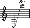  { \override Score.TimeSignature #'stencil = ##f
    c2 \glissando \ottava #1 c''''2 }

