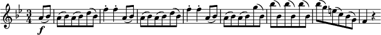 
\relative a' {
  \key bes \major \time 3/4
  \partial 4 a8( \f bes)
  a8( bes) a8( bes) d( bes)
  f'4-. f-. a,8( bes)
  a8( bes) a8( bes) d( bes)
  f'4-. f-. a,8( bes)
  a8( bes) a8( bes) g'( bes,)
  bes'8( bes,) bes'( bes,) bes'( bes,)
  bes'8( g) e( c) bes( g)
  f4 r
} 