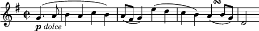 
\relative g' {
  \key g \major \time 2/2
  \partial 2 g4.( _\markup{ \musicglyph #"p" \italic "dolce" } a8
  b4 a c b)
  a8( fis g4) e'( d
  c4 b) a( -\tweak X-offset #2.8 \turn b8 g)
  d2
} 