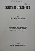 Veröffentlichung von Alice Salomon über den Nationalen Frauendienst mit Widmung an ihre Freundin Gräfin Pauline von Montgelas (archiviert im Ida-Seele-Archiv)
