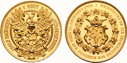 Medaille auf das 20-jährige Jubiläum Karl Adolf Bachofen von Echt als Bürgermeister von Nußdorf (1872–1892) und die Vereinigung Nußdorfs mit Wien (1890), von Heinrich Jauner, mit dem Familienwappen Bachofen von Echt