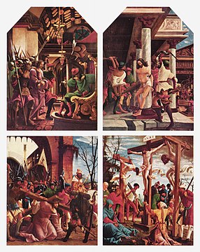 Rechter Innenflügel, Szenen oben: Christus vor Kaiphas, Geißelung Christi, Szenen unten: Kreuztragung, Kreuzigung Christi