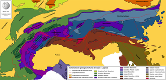 Geologischer Aufbau der Alpen:Die Zentralalpen bilden sich aus dem kristallinen Ostalpin ﻿ und einigen Fenstern, regionalen Decken und Inseln ﻿ ﻿ ﻿