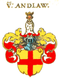 Wappen derer von Andlau. Auf dem bekrönten Helm ist ein rotbekleideter Königsrumpf mit Herme- linkragen bzw. ein arm- loser gold-gekrönter hermelin-gekleideter Mannesrumpf. (Hauptlinie).