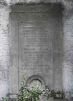 Andreas von Thur- von der Mühll (1864–1925), Johanna Katharine von der Mühll-von Thur (1894–1974), Johanna Therese von Thur-von Rentzell (1864–1935), Elisabeth Vogel (1911–1997). Familien Grab auf dem Wolfgottesacker in Basel.