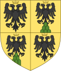 1530 anlässlich der Erhebung in den Reichsgrafenstand gebessertes, geviertes Wappen mit doppelköpfigem Reichsadler als Gnadenzeichen in Feld 1 und 4 sowie im gebesserten Stammwappen in Feld 2 und 3
