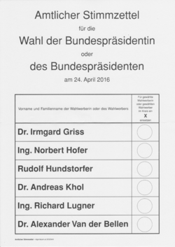 „Amtlicher Stimmzettel für die Wahl der Bundespräsidentin oder des Bundespräsidenten am 24. April 2016“