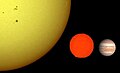 Größenvergleich zur Sonne und zum Jupiter