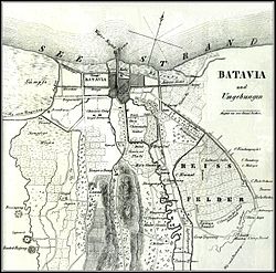 Stadtplan von Batavia, veröffentlicht im Jahr 1846. – Das Hospital, etwas rechts von der Mitte der Karte, war Junghuhns erster Arbeitsplatz.