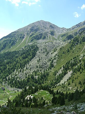Bramstaller von Osten, rechts die Winterstallscharte, links unten die Oberwanger Alm