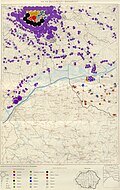 Verteilung der Deutschen in Bukarest, Königreich Rumänien (rot markiert) während der Zwischenkriegszeit (Volkszählung 1930)